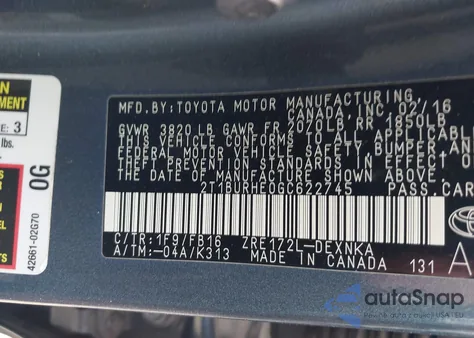 2016 Toyota Corolla Le from USA, damaged, VIN 2T1BURHE0GC622745